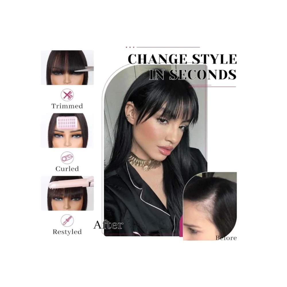 VERNA 100% Real Human Hair Bangs Clip In Topper 3D Cover Natural Black 5x9.5cm